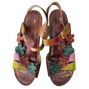 EUC Spring Step Belladonna Colorful Leather Flower Wedge Sandals, EU39, US 8.5